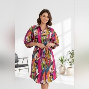 NWT $119 APNY Floral Belted Shirt Dress Ruched Puff Sleeve Pockets M